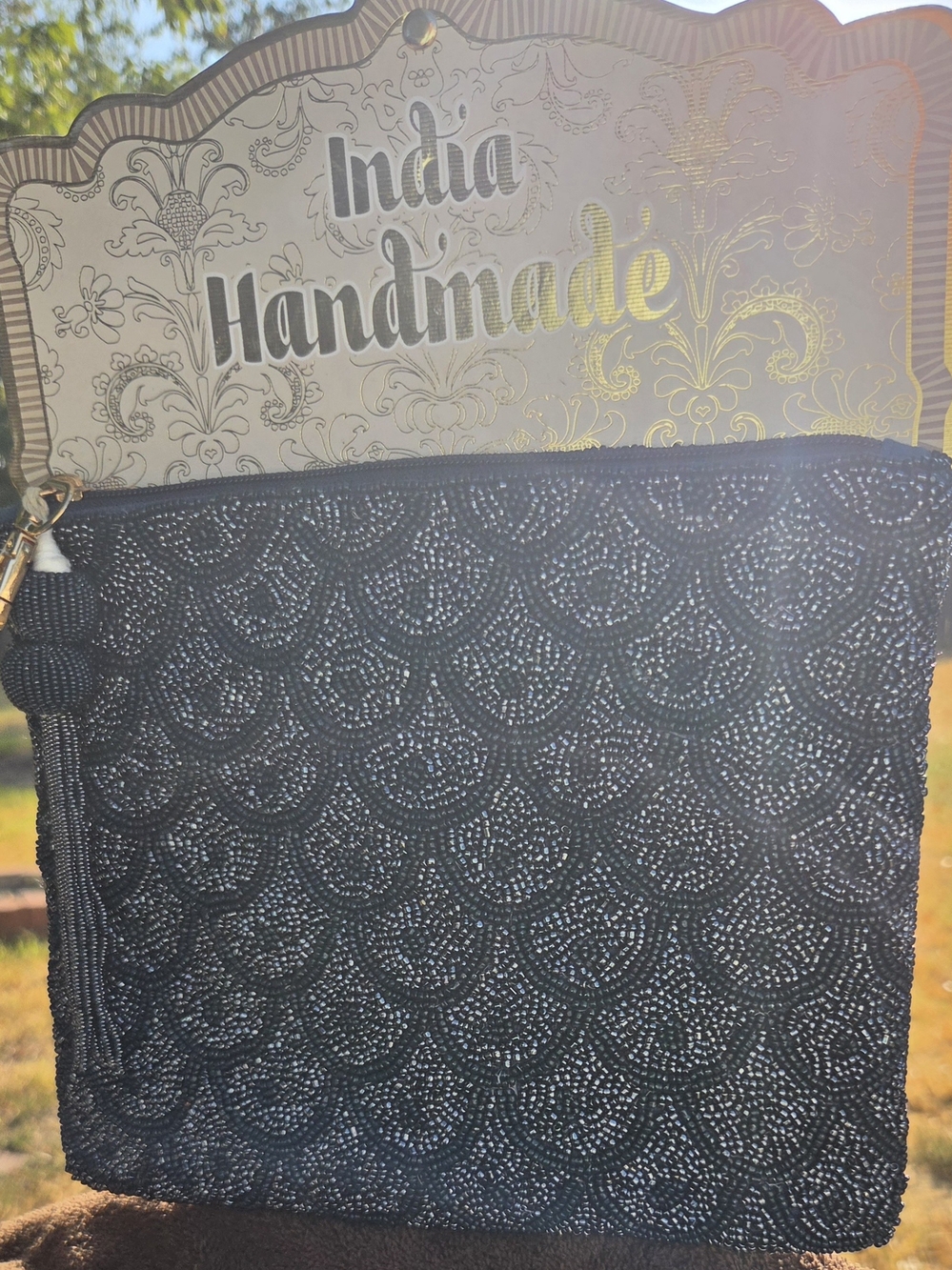 Handmade Dark Blue And Silver Beaded Wristlet Clutch